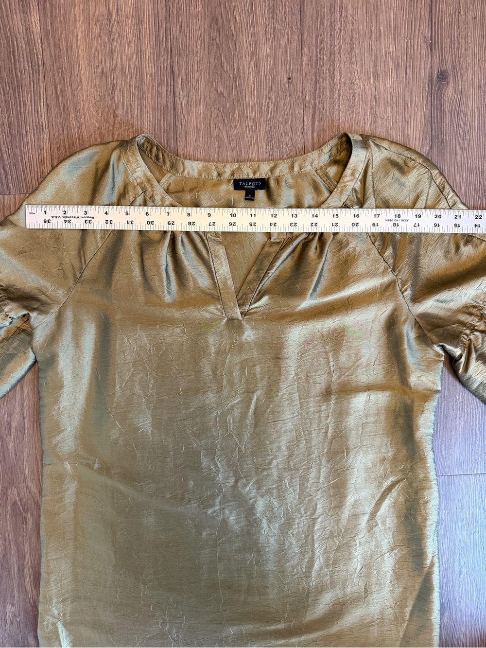 79% Silk! Talbots Shift Dress Small Olive Gold Balloon Sleeve Split Neck Dress - Picture 12 of 14